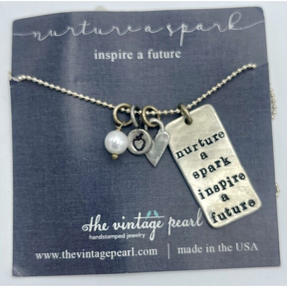 The Vintage Pearl Hand Stamped Jewelry On Sterling Silver Necklace New - Picture 1 of 7